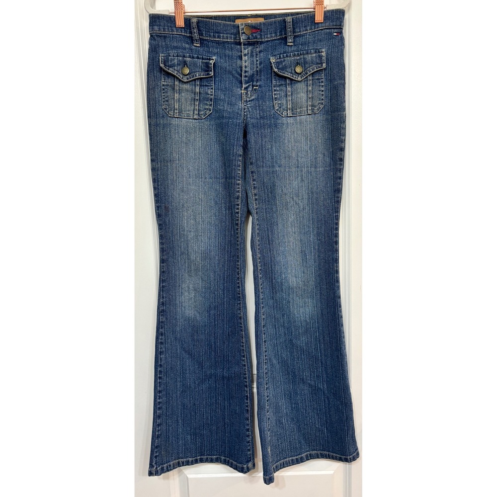 Tommy Hilfiger Tommy Jeans Women 9 Blue Flare Leg Cargo Pocket Denim Jeans Y2K